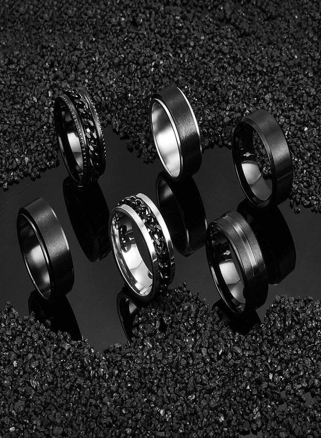 EIELO 6Pcs Stainless Steel Band Rings for Men Women Cool Fidget Spinning Chain Ring Anxiety Relief Fashion Simple Wedding Engagement Black Ring Set Size10 - Image 2
