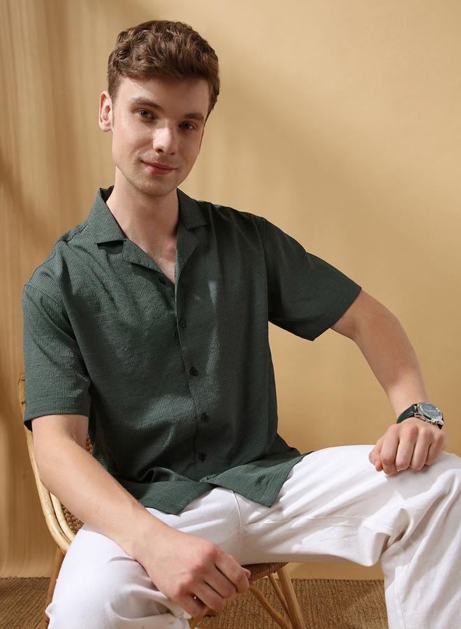 Dennis Lingo Men's Green 100% Polyester Textured Button Down Relaxed Shirt  - Image 1