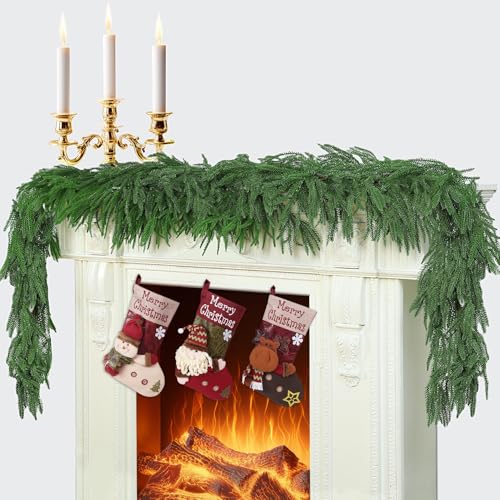 6 Ft 2 Pcs Artificial Norfolk Pine Garland Real Touch Green Faux Greenery Garland for Christmas Table Mantle Wall Fireplace Indoor Outdoor Holiday Decor