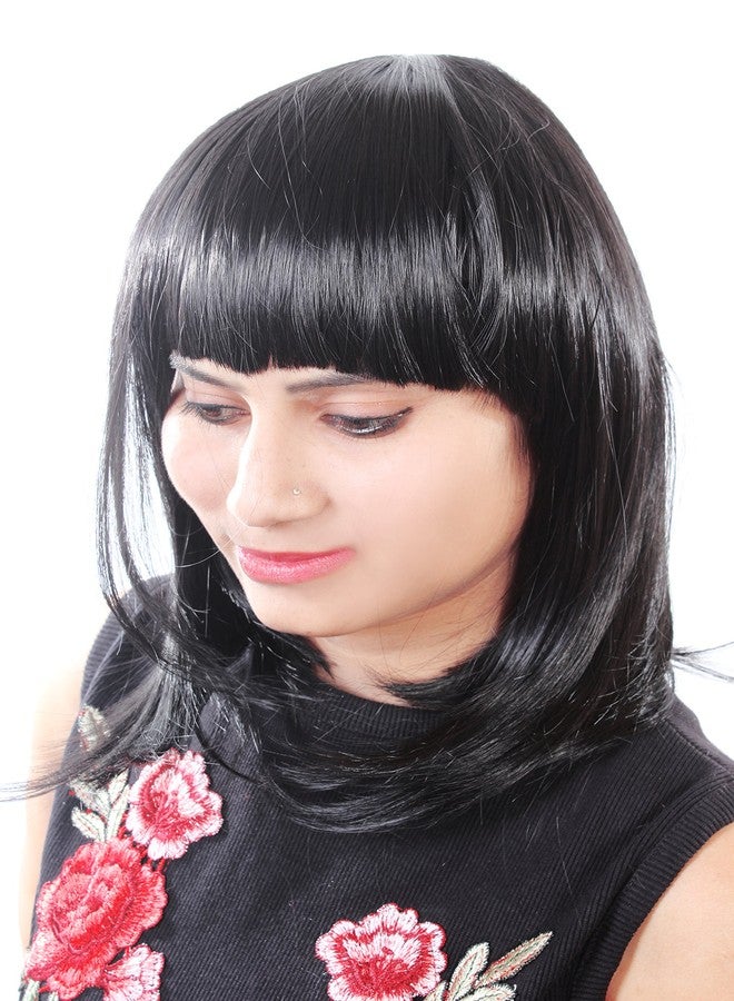 Ritzkart Natural Black & Straight Short Hair Synthetic Bob Cut Wigs With Bangs, Black, - Image 1