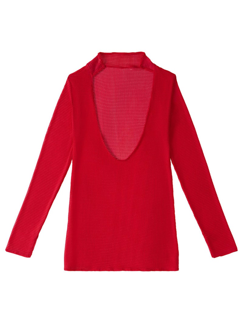 Lilosy Sexy Crochet Sheer Long Sleeve Cover Up Swim Bathing Suit Beach Dress One Piece See Through Women Swimwear Solid Red Medium - Image 3