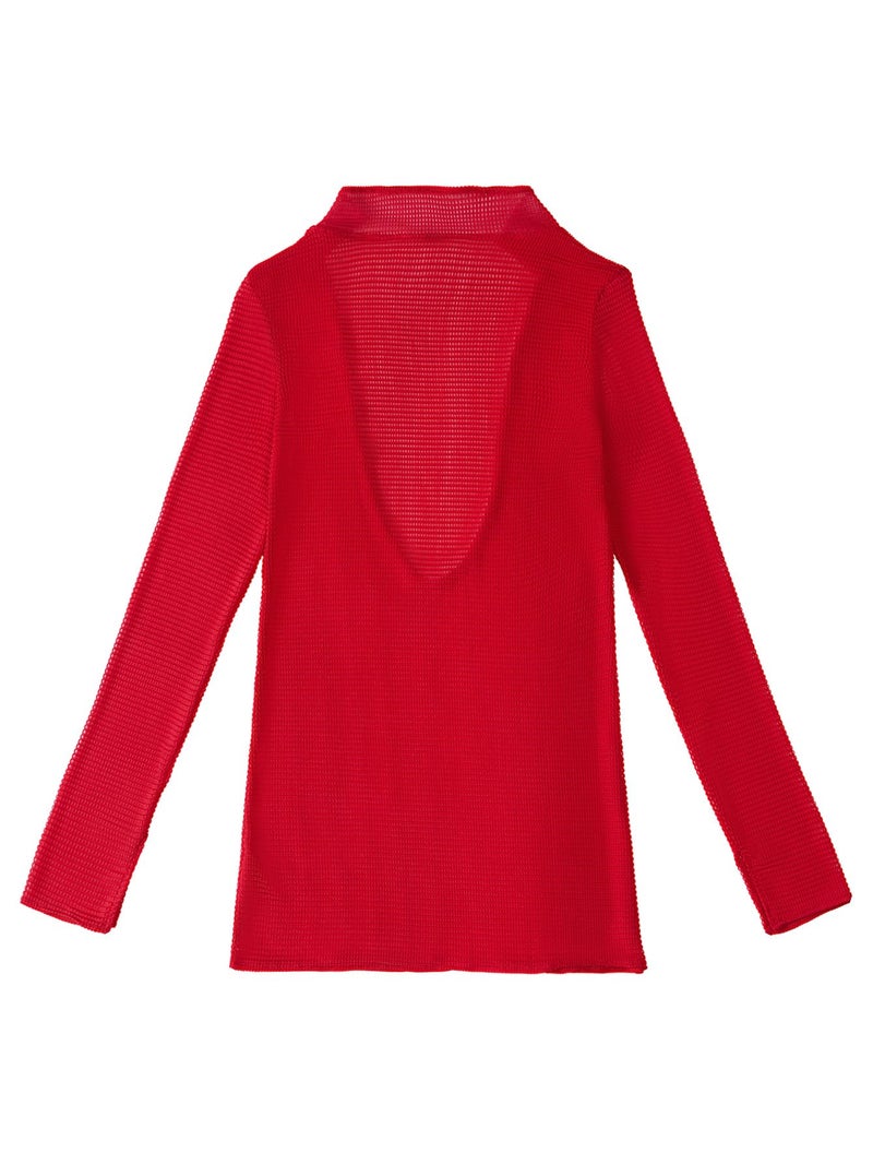 Lilosy Sexy Crochet Sheer Long Sleeve Cover Up Swim Bathing Suit Beach Dress One Piece See Through Women Swimwear Solid Red Medium - Image 4
