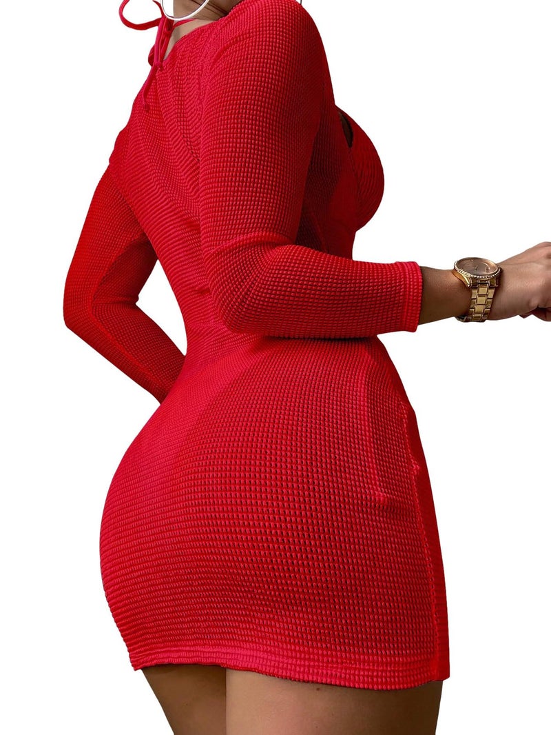 Lilosy Sexy Crochet Sheer Long Sleeve Cover Up Swim Bathing Suit Beach Dress One Piece See Through Women Swimwear Solid Red Medium - Image 2
