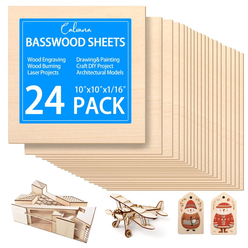 Calvana 24Pack Calvana Balsa Sheets 10x10x116 Laser Cutting and Engraving Thin Wood Veneer Sheet for Craft Supplies  Materials Laser Engraving Blanks Wood Burning DIY Crafts for Adults 