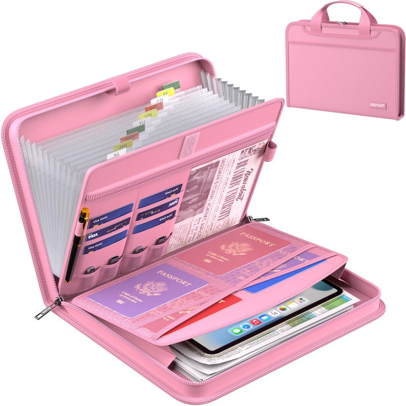 ENGPOW Accordion File Organizer,Fireproof Expanding File Folder with Multi Pockets,13 Pockets Document Organizer with Handle & Labels,Portable Home Travel Safe Storage Folder for Letter A4 Files,Pink - Image 1