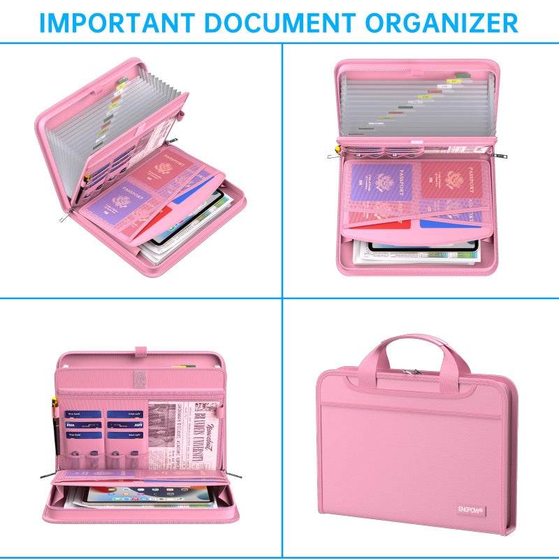 ENGPOW Accordion File Organizer,Fireproof Expanding File Folder with Multi Pockets,13 Pockets Document Organizer with Handle & Labels,Portable Home Travel Safe Storage Folder for Letter A4 Files,Pink - Image 4