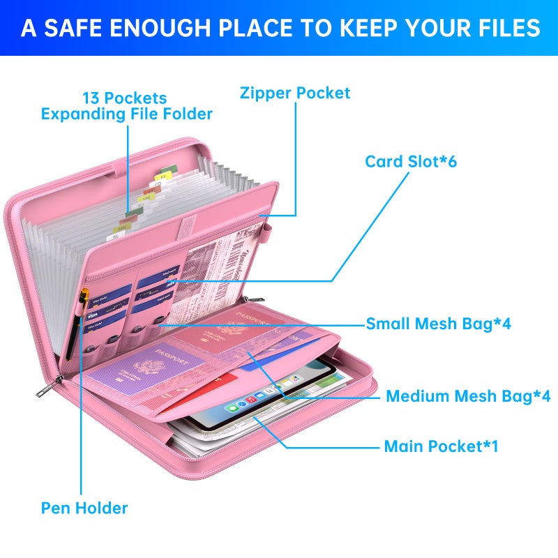 ENGPOW Accordion File Organizer,Fireproof Expanding File Folder with Multi Pockets,13 Pockets Document Organizer with Handle & Labels,Portable Home Travel Safe Storage Folder for Letter A4 Files,Pink - Image 5