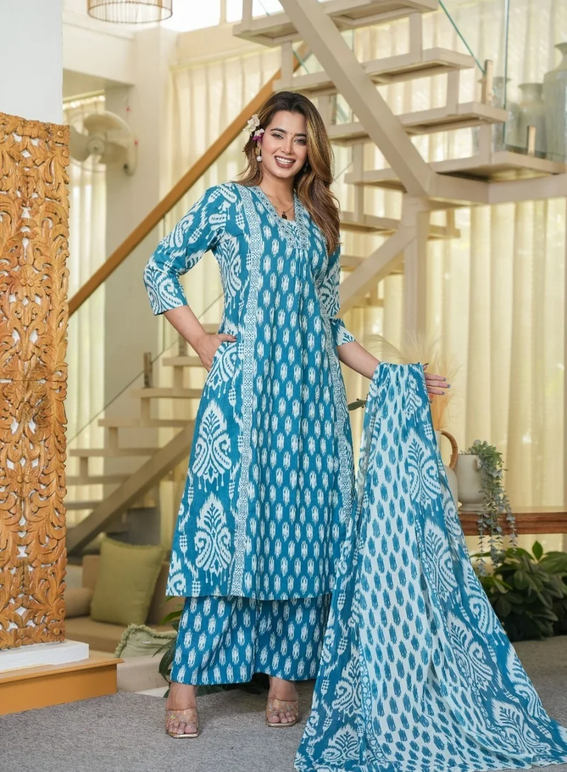 Studio blue Teal Blue Printed Three-Piece Set with Dupatta