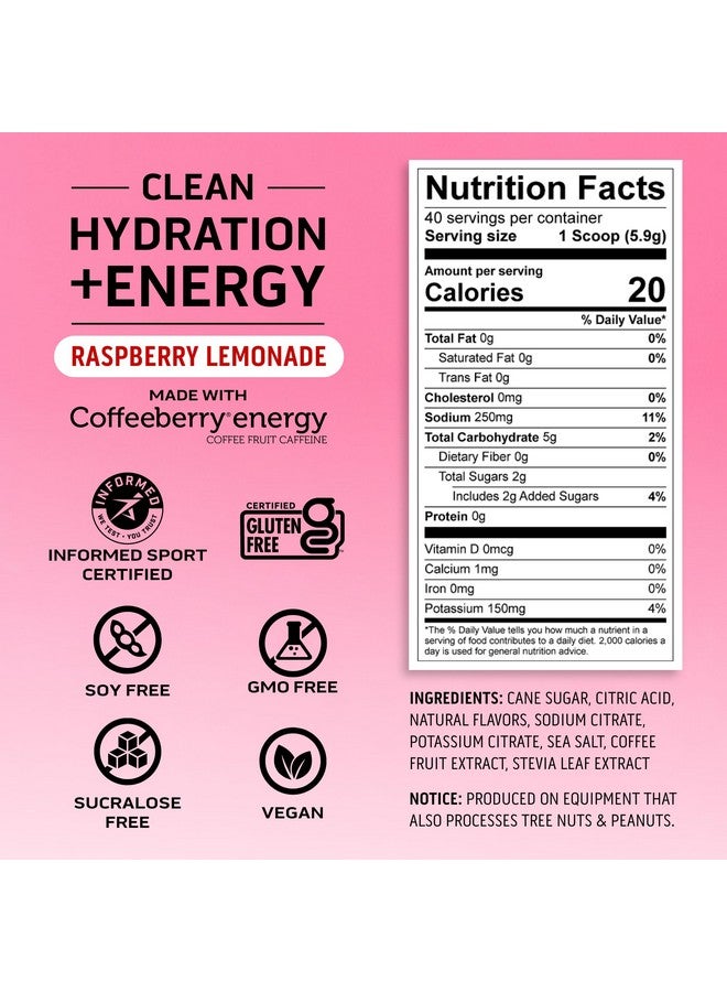 Ascent Clean Hydration + Energy Electrolytes Powder - 100Mg Caffeine, 400Mg Electrolytes, No Artificial Ingredients, Raspberry Lemonade 40 Servings