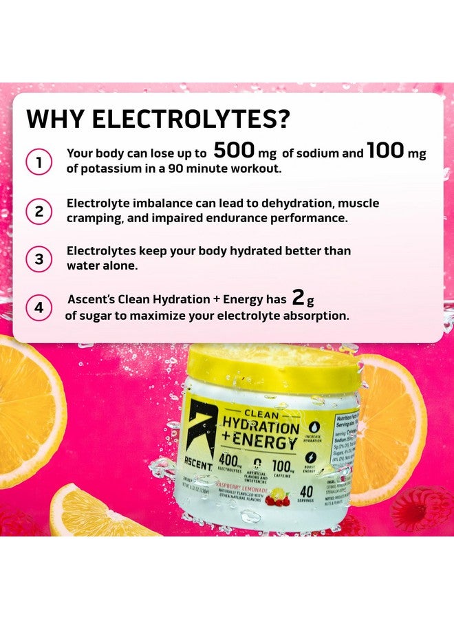 Ascent Clean Hydration + Energy Electrolytes Powder - 100Mg Caffeine, 400Mg Electrolytes, No Artificial Ingredients, Raspberry Lemonade 40 Servings