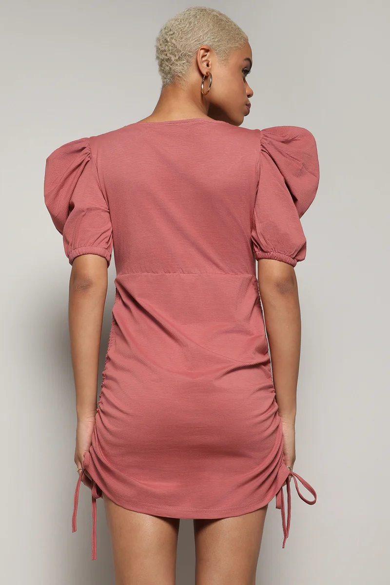 كامبوس سوترا Women's Solid Coral Pink Dress With Ruched Detail
