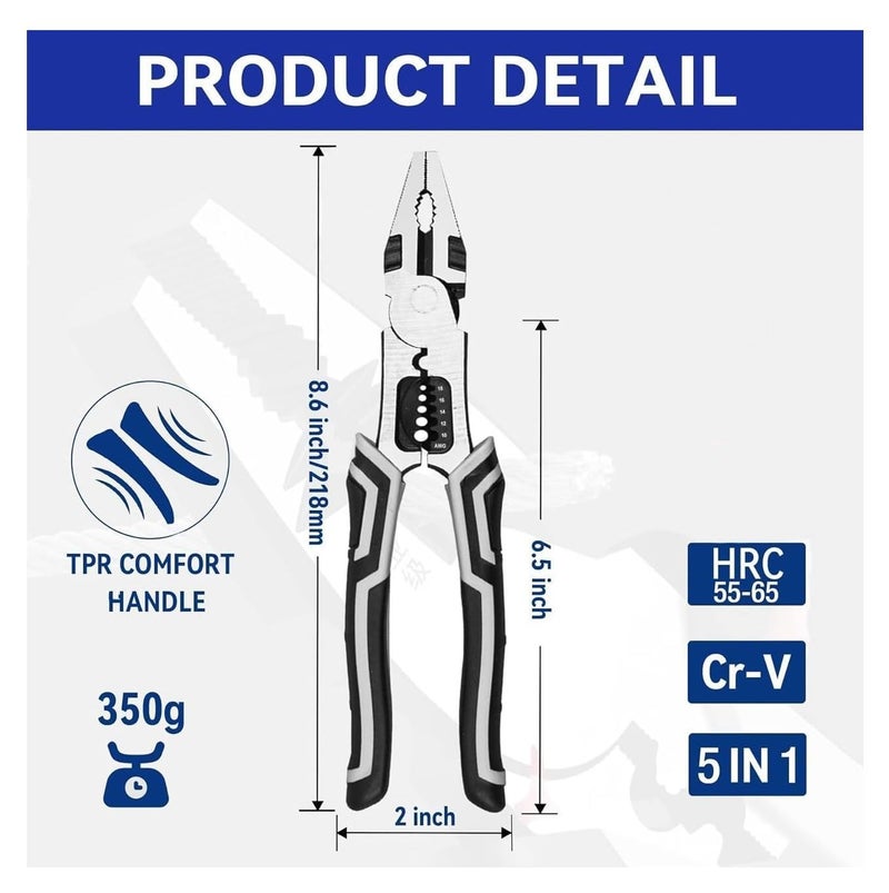 CRULAC 6in1 Multifunctional Combination Wire Plier Wire Stripper Gripper Cutter Crimper Antislip Handle Wrench - Image 2