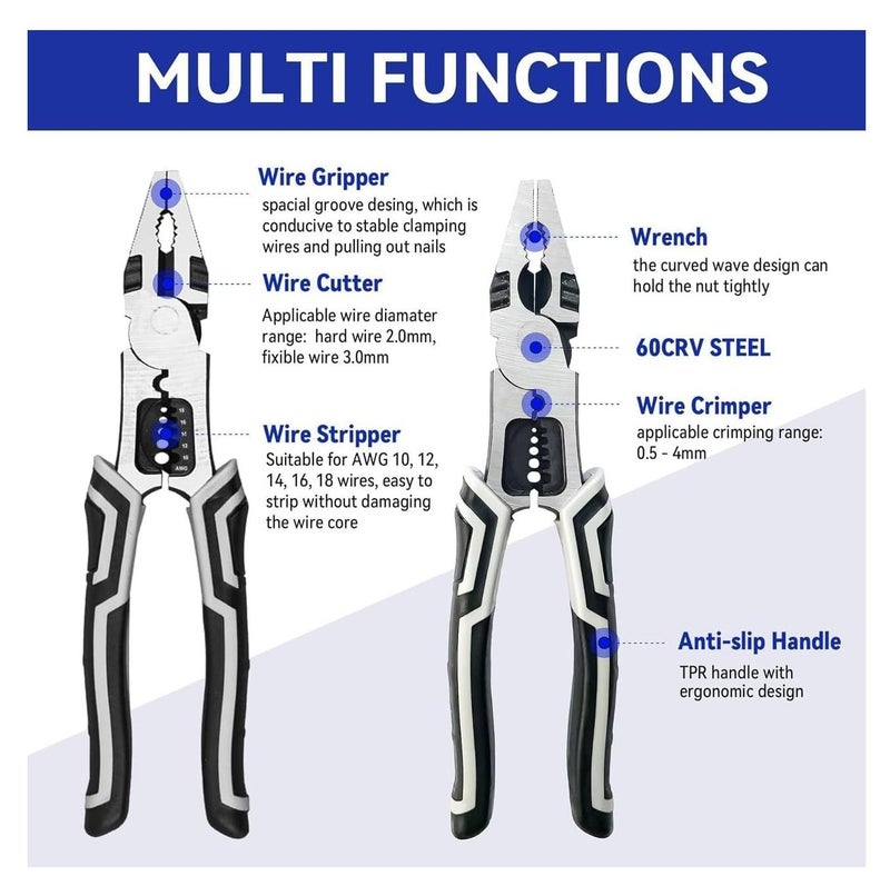 CRULAC 6in1 Multifunctional Combination Wire Plier Wire Stripper Gripper Cutter Crimper Antislip Handle Wrench - Image 5