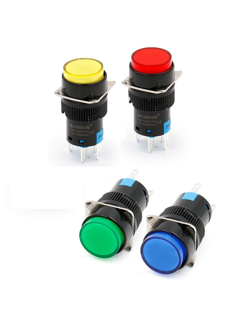 KAMCON KAMCON 16mm Push Button Switch Momentary Round Cap LED Lamp Red YellowBlueGreen Light DC 24V SPDT 5 Pin 1 Set of RBGY  - Image 1