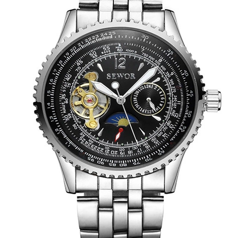 SEWOR Men's Business Mechanical Watch with Steel Band, Multifunctional Day-Date Moon Phase Open Heart Design, 35mm Round Dial, 625 Movement - Black - Image 2
