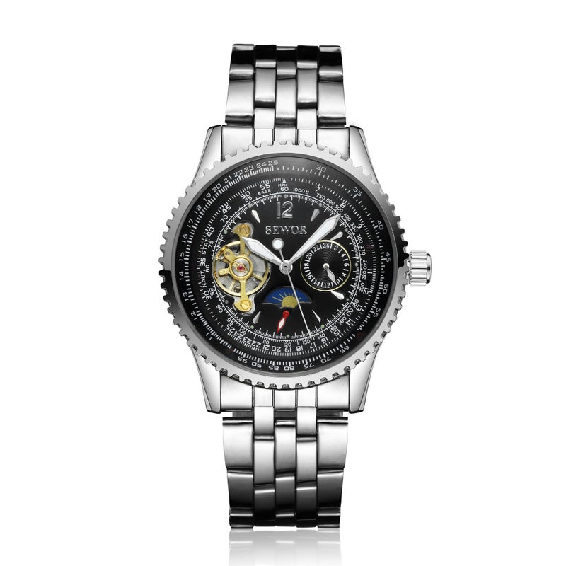 SEWOR Men's Business Mechanical Watch with Steel Band, Multifunctional Day-Date Moon Phase Open Heart Design, 35mm Round Dial, 625 Movement - Black - Image 3