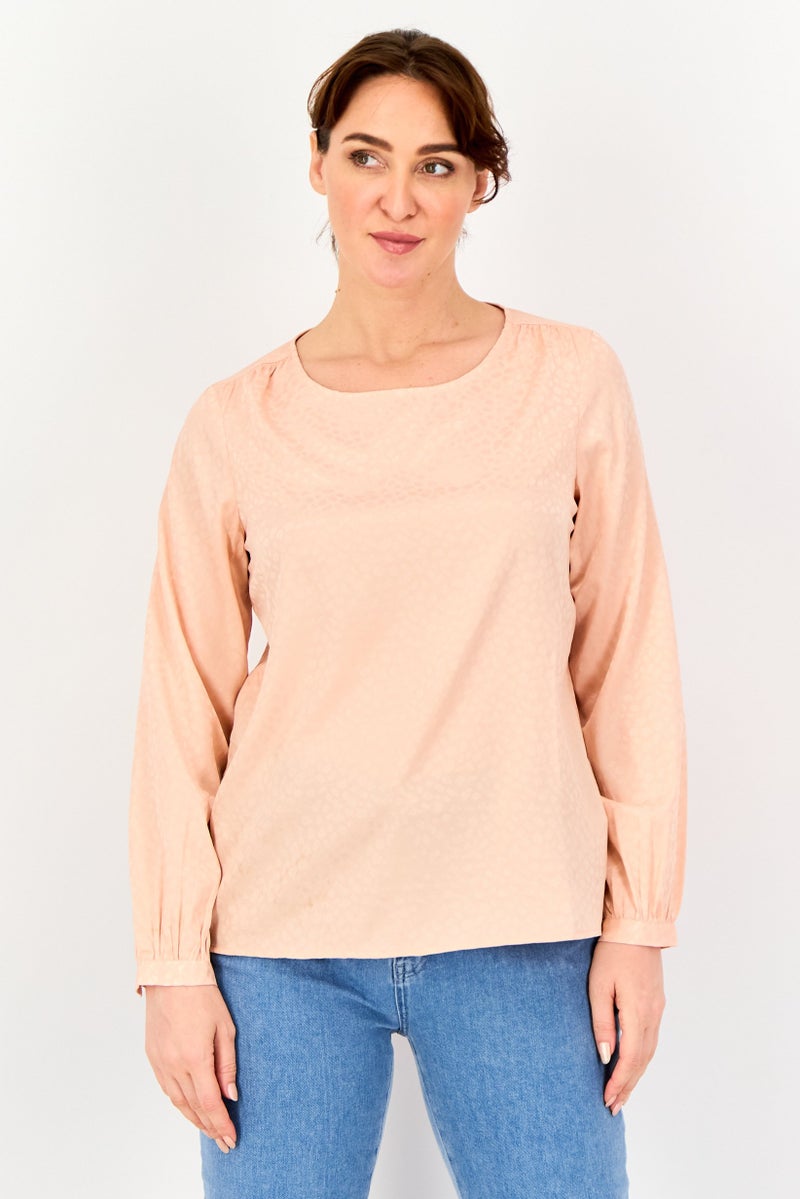 VERO MODA I Scenery by Vero Moda Women Round Neck Long Sleeve Textured Top, Peach - Image 1