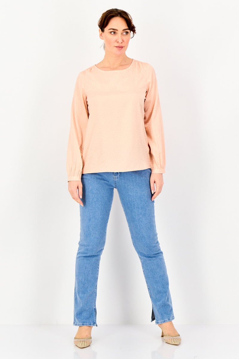VERO MODA I Scenery by Vero Moda Women Round Neck Long Sleeve Textured Top, Peach - Image 4