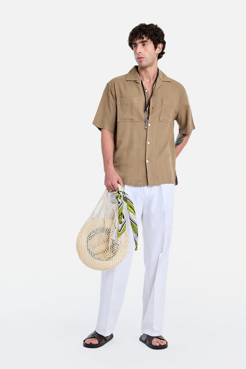 SNITCH Khaki Textured Half Sleeve Boxy Vacation Shirt