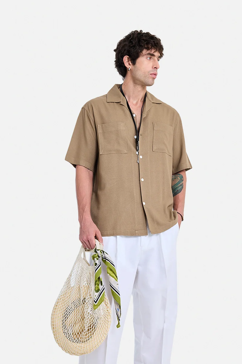 SNITCH Khaki Textured Half Sleeve Boxy Vacation Shirt
