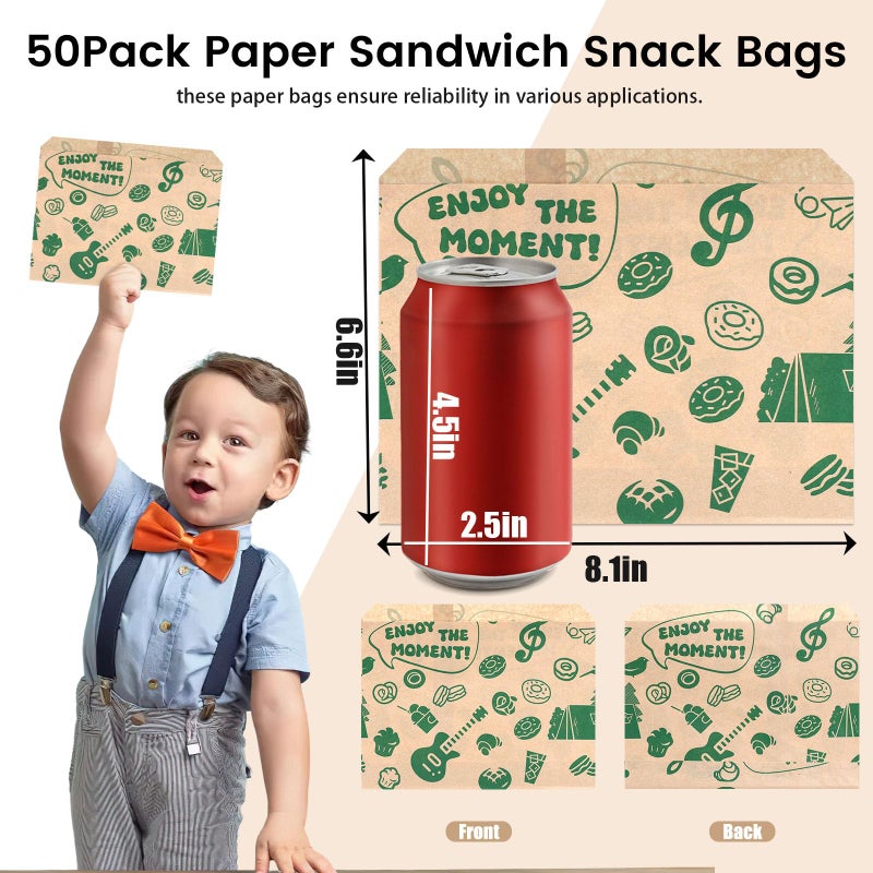 VGOODALL 50PCS Paper Sandwich Bags, 8.1 x 6.6 Inch Small Snack Bags Grease-Resistant Wax Paper for Food Storage Picnic - Image 2