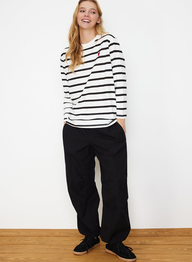 trendyol White Single Jersey Striped Heart Embroidered Long Sleeve Knitted Tunic Tshirt - Image 2