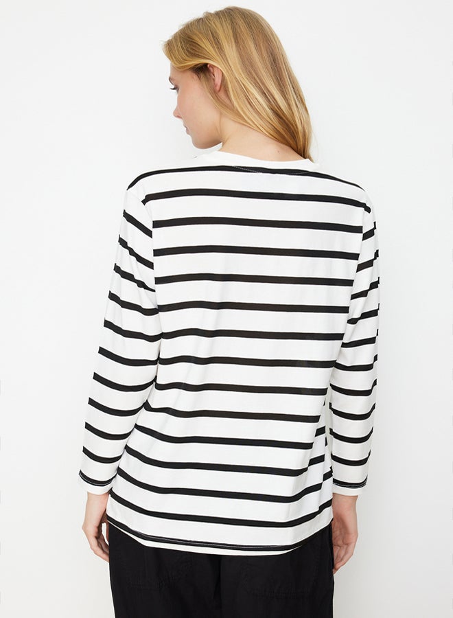 trendyol White Single Jersey Striped Heart Embroidered Long Sleeve Knitted Tunic Tshirt - Image 5