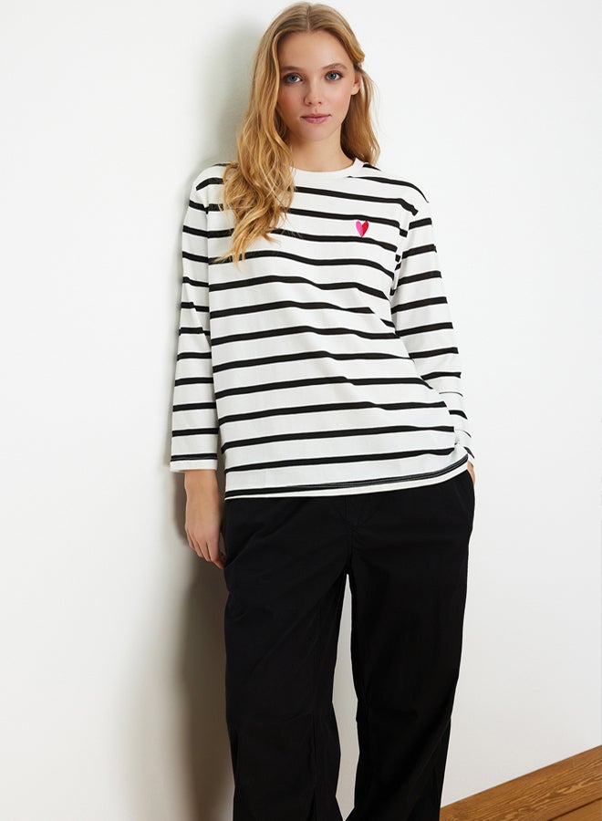 trendyol White Single Jersey Striped Heart Embroidered Long Sleeve Knitted Tunic Tshirt - Image 3