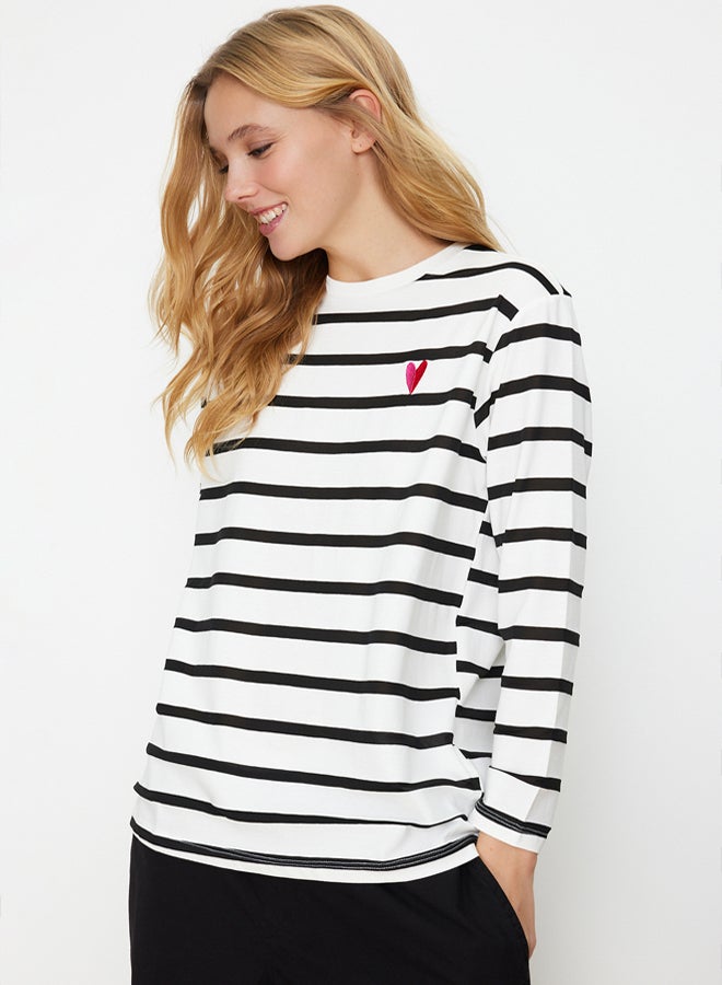 trendyol White Single Jersey Striped Heart Embroidered Long Sleeve Knitted Tunic Tshirt - Image 1