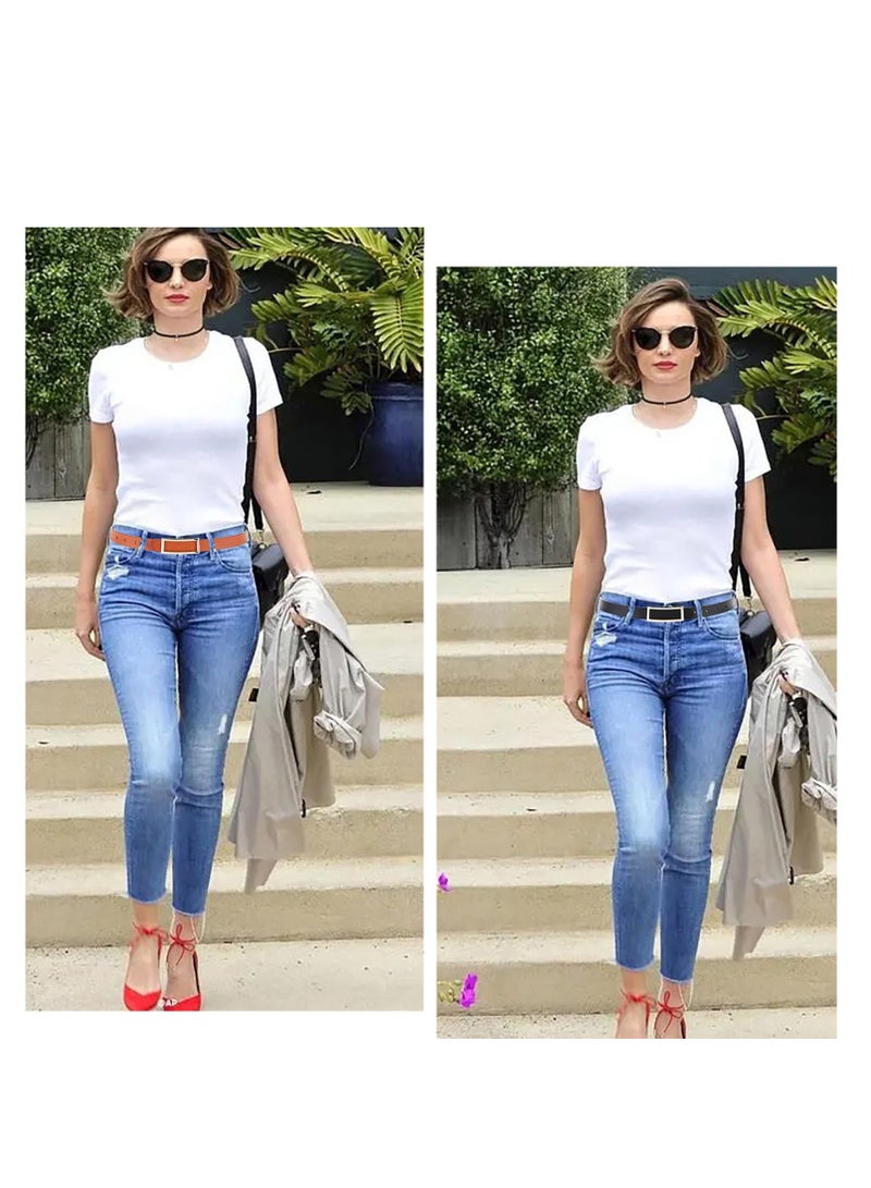 Excefore حزام جلدي قابل للعكس للنساء، عبوة من حزامين عصريين بإبزيم ذهبي، حزام نسائي للجينز والفساتين والسراويل، عرض 2.3 سم (0.9 بوصة)، أسود وبني - Image 2