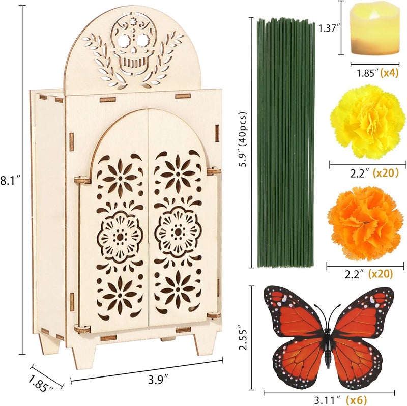 Freesdai 51Pcs Dia De Los Muertos Decorations Wooden Shadow Box Day of The Dead Ofrenda Altar Decor with Marigold Butterfly Candle Remembrance Supplies - Image 3