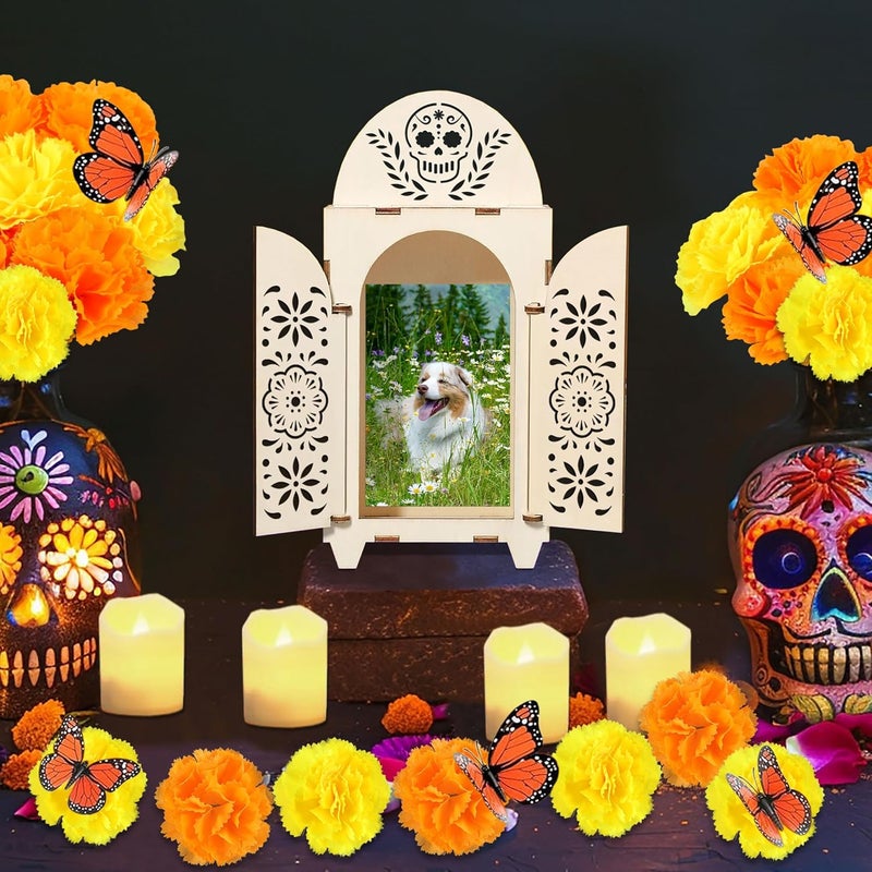 Freesdai 51Pcs Dia De Los Muertos Decorations Wooden Shadow Box Day of The Dead Ofrenda Altar Decor with Marigold Butterfly Candle Remembrance Supplies - Image 4