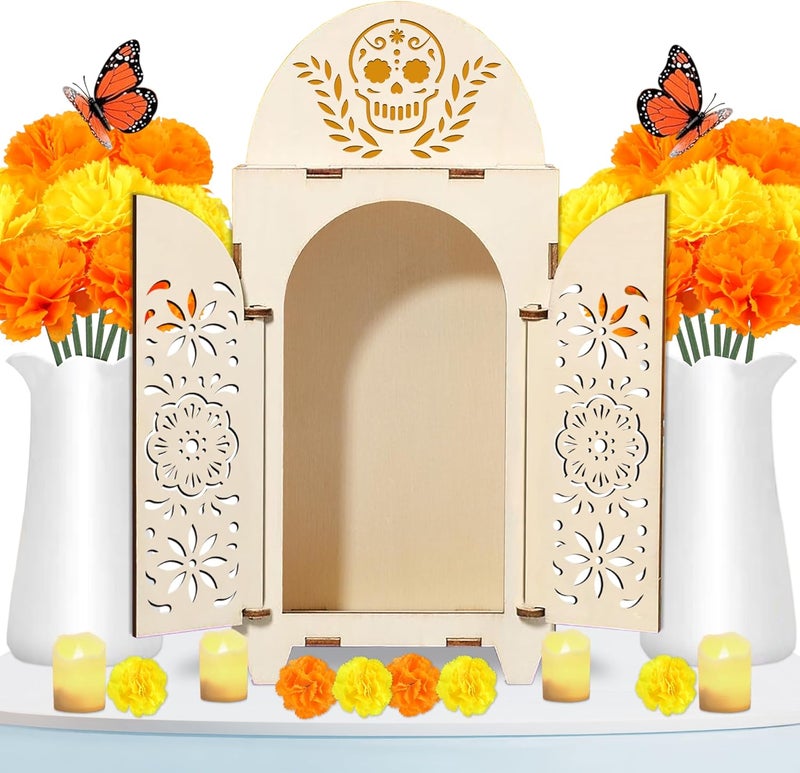 Freesdai 51Pcs Dia De Los Muertos Decorations Wooden Shadow Box Day of The Dead Ofrenda Altar Decor with Marigold Butterfly Candle Remembrance Supplies - Image 1