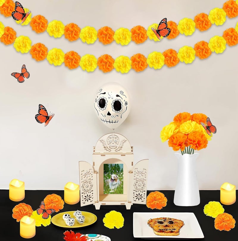 Freesdai 51Pcs Dia De Los Muertos Decorations Wooden Shadow Box Day of The Dead Ofrenda Altar Decor with Marigold Butterfly Candle Remembrance Supplies - Image 5