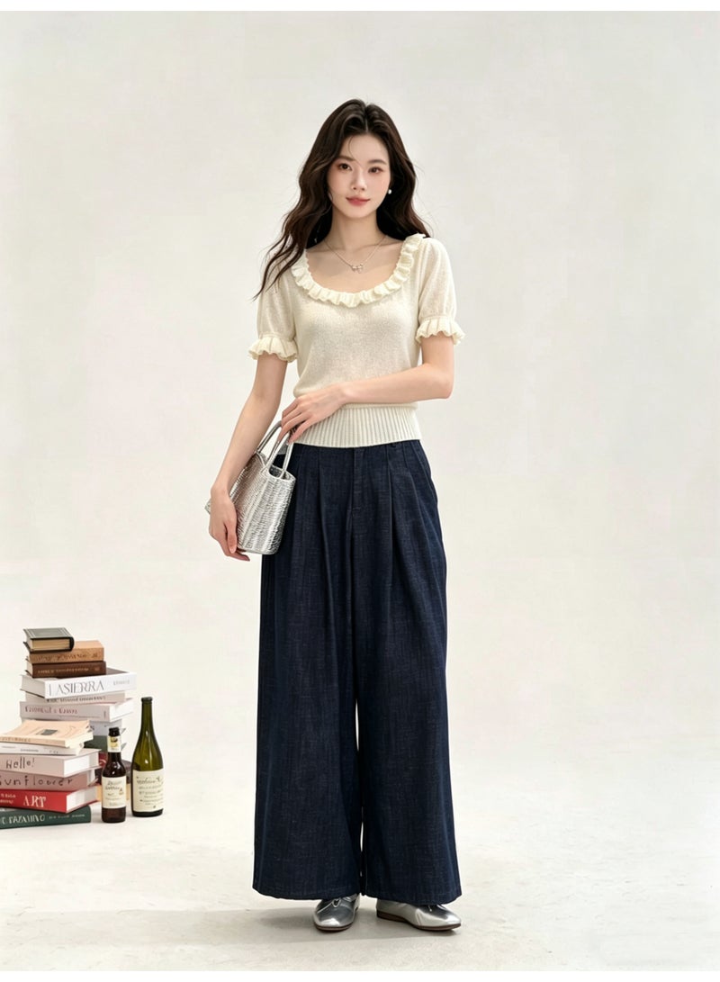 Sellcy Women's Ruffle Trim Knit Top, Elegant Short Puff Sleeve Blouse with U-Neck,white. - Image 1