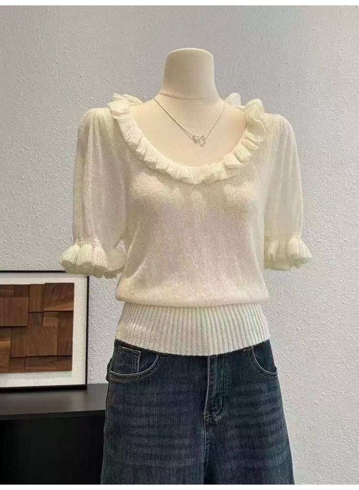 Sellcy Women's Ruffle Trim Knit Top, Elegant Short Puff Sleeve Blouse with U-Neck,white. - Image 2