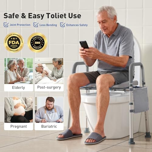 WHLICKS 500lbs Raised Toilet Seat with Handles – Adjustable Width Elevated Seat, Cozy Padded Toilet Seat Risers for Seniors, Handicap & Disabled, Fits All Toilets, Gray - Image 2