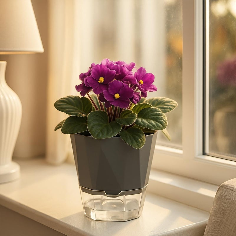 Planterhoma 5 Pack Self Watering Pots for Indoor Plants, 6.7 Inches Self Watering Planters African Violet Pots Clear Pots for Herb Orchid Flower Houseplant, Dark Grey - Image 5
