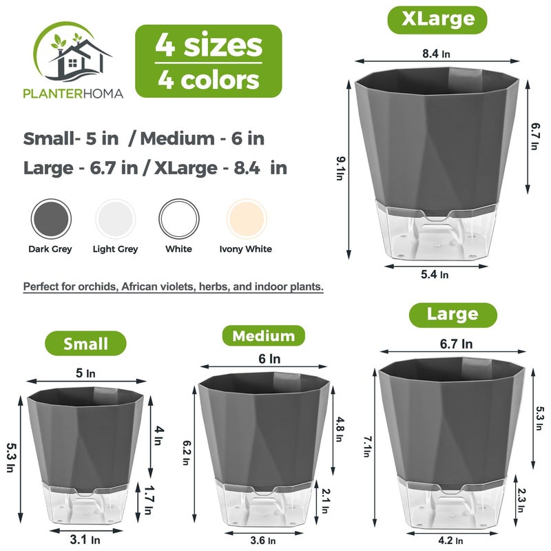 Planterhoma 5 Pack Self Watering Pots for Indoor Plants, 6.7 Inches Self Watering Planters African Violet Pots Clear Pots for Herb Orchid Flower Houseplant, Dark Grey - Image 4