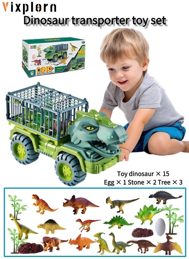 فيكسبلورن 22 قطعة لعب مركبات اللعب لعبة شاحنة الديناصورات، شاحنة نقل الديناصورات، بما في ذلك 15 نموذج ديناصور، بيض ديناصور، أشجار لعبة، أحجار لعبة، هدايا مناسبة للأطفال من سن 3-7 سنوات، مجموعة ألعاب سيارات الديناصورات - Image 1
