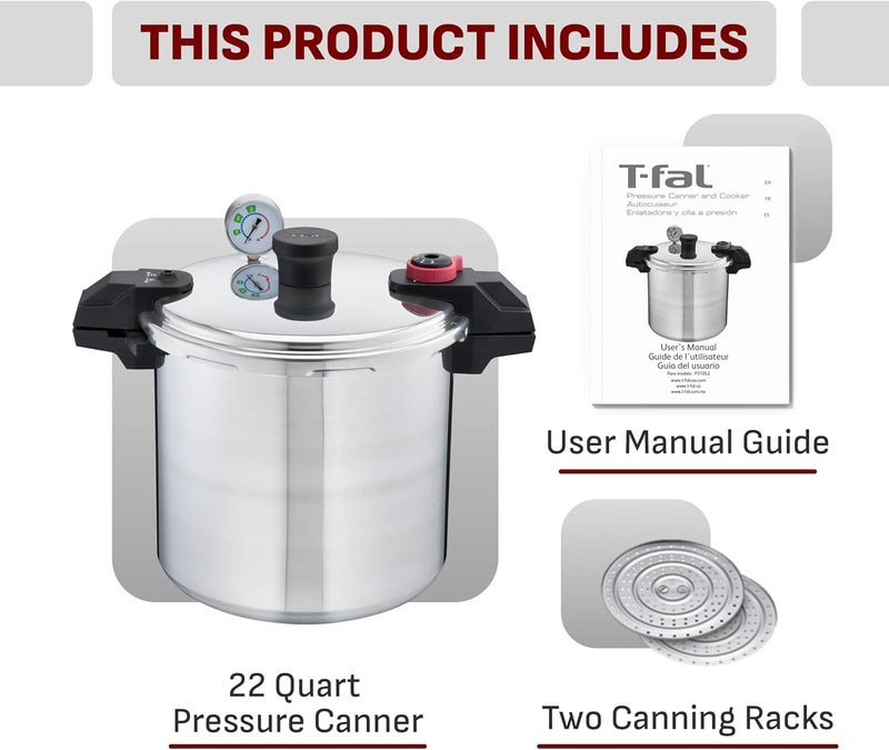 T-fal Tefal Pressure Cooker Aluminum Pressure Canner, 22 Quart, 3 PSI Settings, Cookware, Pots and Pans, Large Capacity, Cooling Racks, Recipe Booket, Canning Vegetables, Meats, Poultry, Seafood, Silver - Image 2