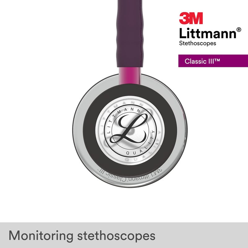 3M Littmann ستيثوسكوب 3M ليتمان كلاسيك III للمراقبة، 5960، أكثر من 2X بصوت أعلى، وزن أقل، قطعة صدر من الفولاذ المقاوم للصدأ بلمسة مرآة، أنبوب بنفسجي بطول 27 بوصة، ساق وردية، وسماعة رأس دخانية - Image 4