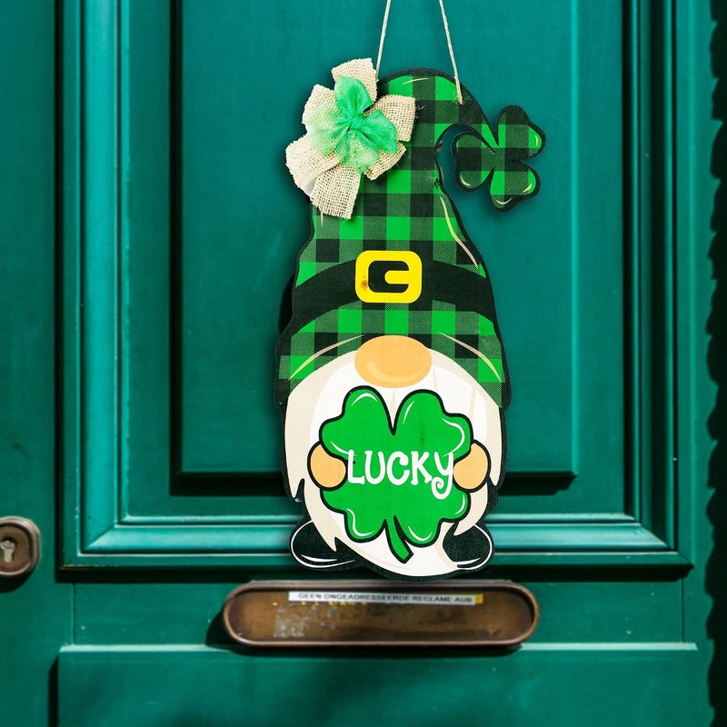 Sggvecsy 17.7’’ St Patrick's Day Wooden Sign Buffalo Plaid Irish Gnome Hanging Door Decor with Burlap Bow Shamrock Lucky Clover Hanging Rustic Wood Sign for Home Front Door Wall Window Porch Decor - Image 2