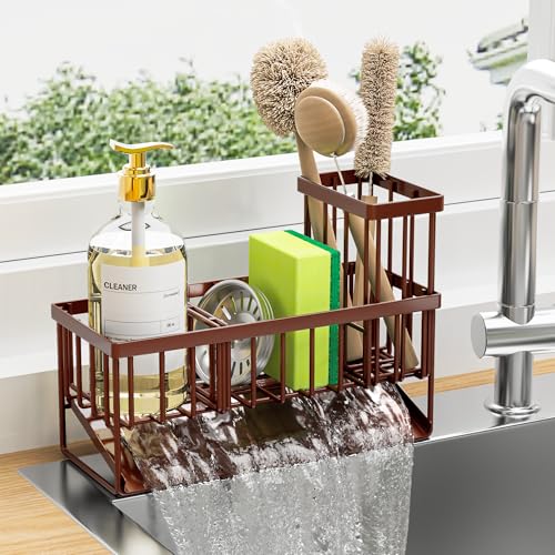 Cisily Kitchen Sink Caddy, Sponge Holder for Kitchen Sink, Kitchen Sink Organzier and Storage with High Brush Holder, Rustproof 304 Stainless Kitchen Gadgets Sink Accessories(Brown) - Image 1