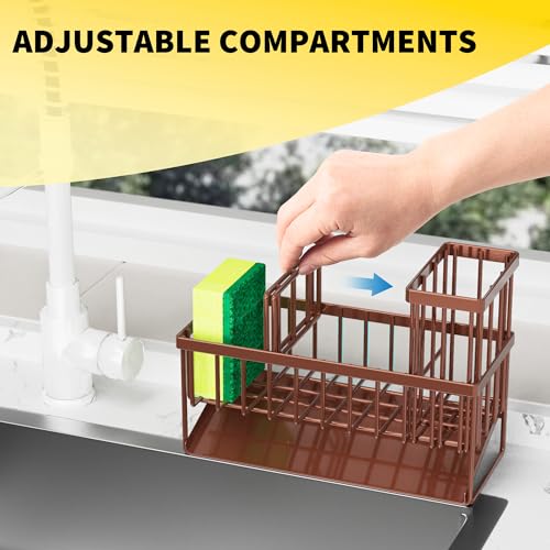 Cisily Kitchen Sink Caddy, Sponge Holder for Kitchen Sink, Kitchen Sink Organzier and Storage with High Brush Holder, Rustproof 304 Stainless Kitchen Gadgets Sink Accessories(Brown) - Image 5