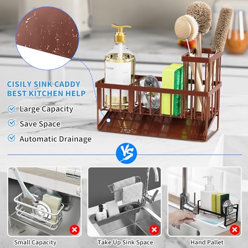 Cisily Kitchen Sink Caddy, Sponge Holder for Kitchen Sink, Kitchen Sink Organzier and Storage with High Brush Holder, Rustproof 304 Stainless Kitchen Gadgets Sink Accessories(Brown) - Image 2