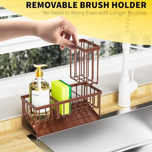 Cisily Kitchen Sink Caddy, Sponge Holder for Kitchen Sink, Kitchen Sink Organzier and Storage with High Brush Holder, Rustproof 304 Stainless Kitchen Gadgets Sink Accessories(Brown) - Image 4