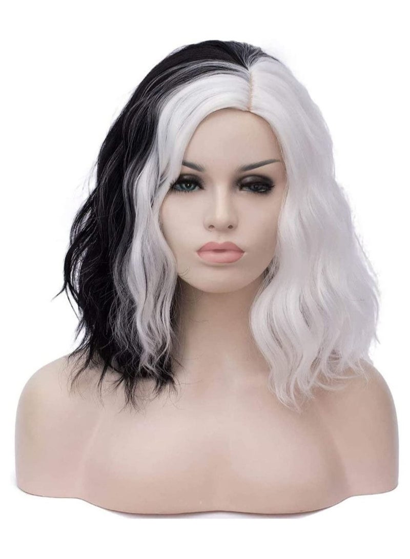 إستيل أسود وأبيض باروكة شعر مستعار قصير مموج اصطناعي قصير مموج على الكتف بطول كامل باروكات مقاومة للحرارة للنساء - Image 1