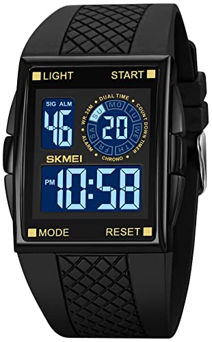 FANMIS Men's Rectangle Dial Sports Wrist Watches with Green LED Backlight Multifunctional Alarm Stopwatch 12/24H Rubber Strap Watch (P Gold) - Image 1