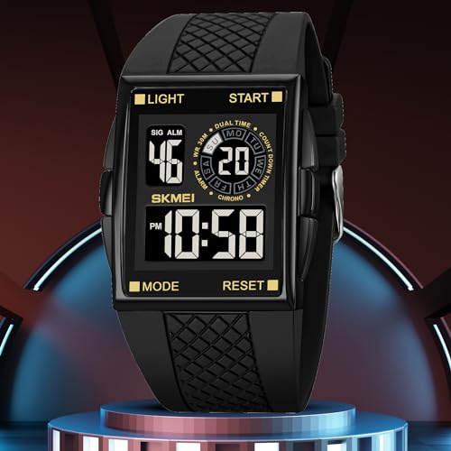 FANMIS Men's Rectangle Dial Sports Wrist Watches with Green LED Backlight Multifunctional Alarm Stopwatch 12/24H Rubber Strap Watch (P Gold) - Image 2